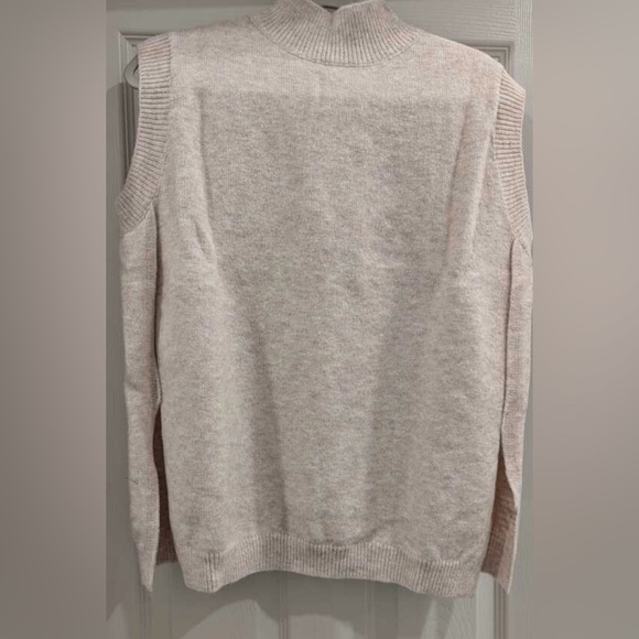 Beige High Neck Knit Vest Sleeveless Sweater Top Side Slits - Picture 9 of 14